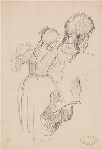 ALFRED DEHODENCQ (Paris 1822-1882 Paris) Sheet of Studies of a Young Woman with Braided Hair, seen from behind.